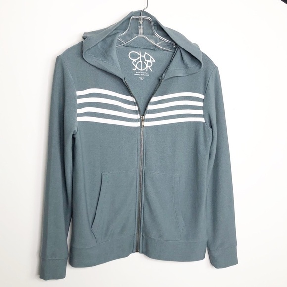 𝅺Chaser Teal white striped zip front hoodie - Picture 3 of 8